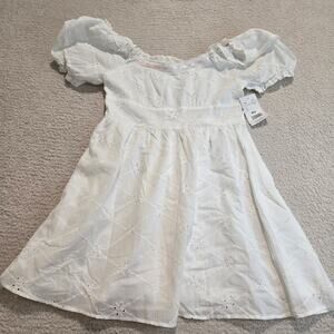 NWT White Eyelet Babydoll Dress Puff Sleeves Sz L Cottagecore Coastal Cowgirl